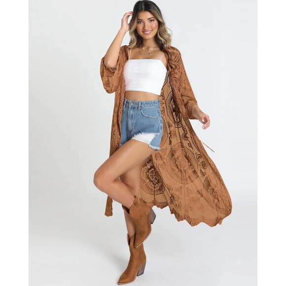 🆕Women Brown Mesh Open Front Cardigan Swimsuit Cover Up Beach Bathing Suit - Picture 5 of 6
